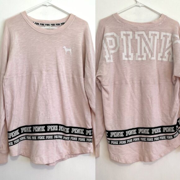 PINK Victoria's Secret Tops - VS PINK VICTORIAS SECRET Varsity Crew Baby Pink Double Sided Crewneck Sweatshirt